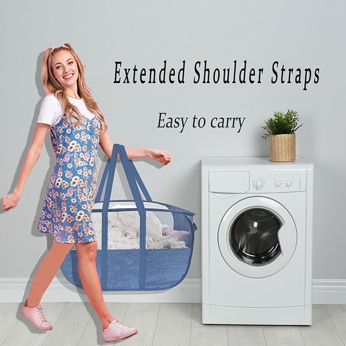 100L Collapsible Laundry Baskets 2 Pack, Extra Large Mesh Pop Up Laundry Hamper, Dirty Clothes Hamper with Reinforced Handles, Folding Hampers for Travel. Dorm or Home Portable Laundry Baskets. Blue - Image 6