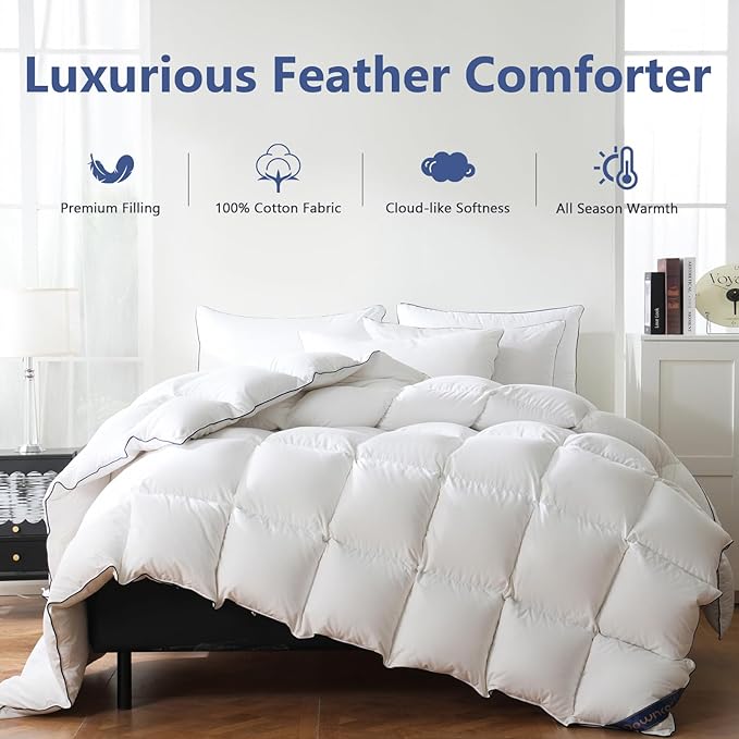 DOWNCOOL Feather Down Fiber Comforter King Size, 100% Cotton Ultra Soft Fluffy Duvet Insert King, All Season Luxurious Hotel Bedding Comforters with Corner Tabs, White 106"x90"