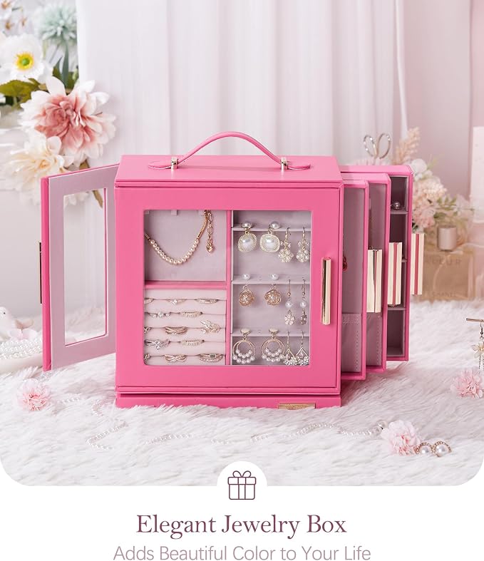 Homde Jewelry Box 360° Rotating, Necklace Earring Organizer with Transparent Window, Mirror, 7 Drawers, Large Ring Display Storage Case for Girls Women (Pink) - Image 8