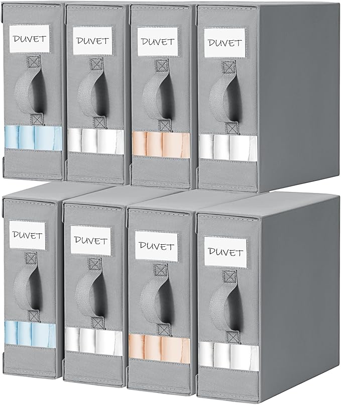 DIMJ Bed Sheet Organizers and Storage 8 Pack - Foldable Sheet Holder for Linen Bedding Storage Box for organization, Sheets Set Holder for Blanke, Towel (King & Queen Size), Grey by DiMJ