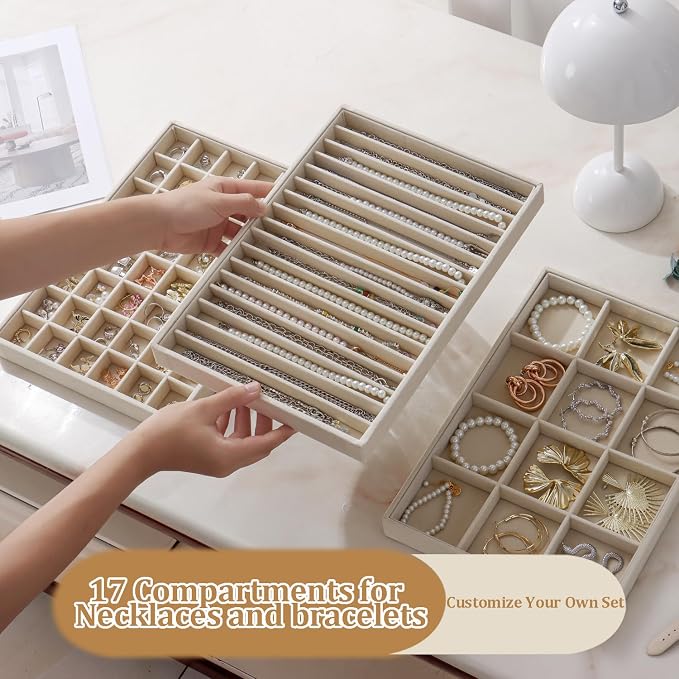 Large Velvet Jewelry Tray 2 Pack Stackable Jewelry Display Drawer Inserts Trays Organizer for Earring Bracelet Necklace Ring (Beige, 16 Grids) - Image 4