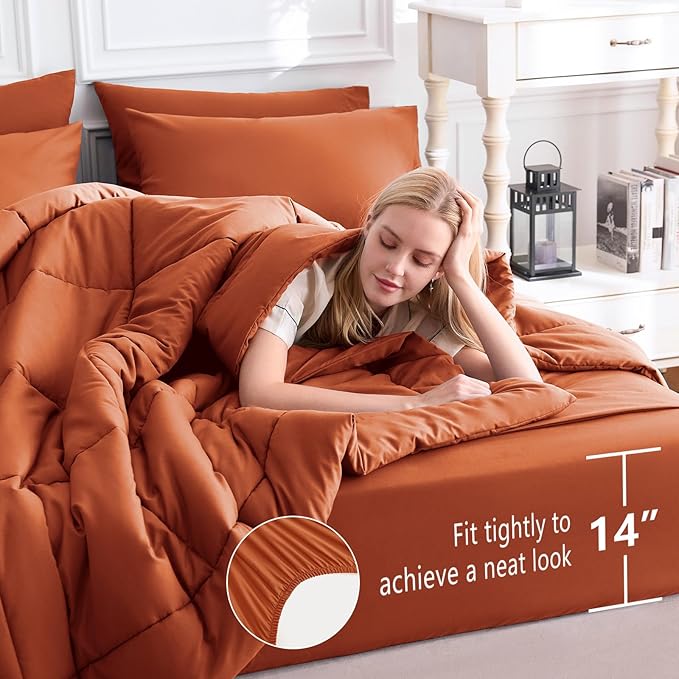 CozyLux Full Size Comforter Sets Terracotta, 7 Pieces Bed in a Bag, Burnt Orange Fall Comforter Full Size, All Season Bedding Sets with Stitch Quilted Comforter, Flat Sheet, Fitted Sheet, Pillowcases