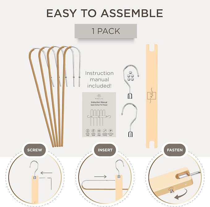MORALVE Pants Hangers Space Saving - European Beechwood Scarf and Jean Hangers - Closet Organizer and Space Saver Pant Rack, Leggings Hanger, and Scarf Holder with 360° Swivel Hook (1 Pack) - Image 7