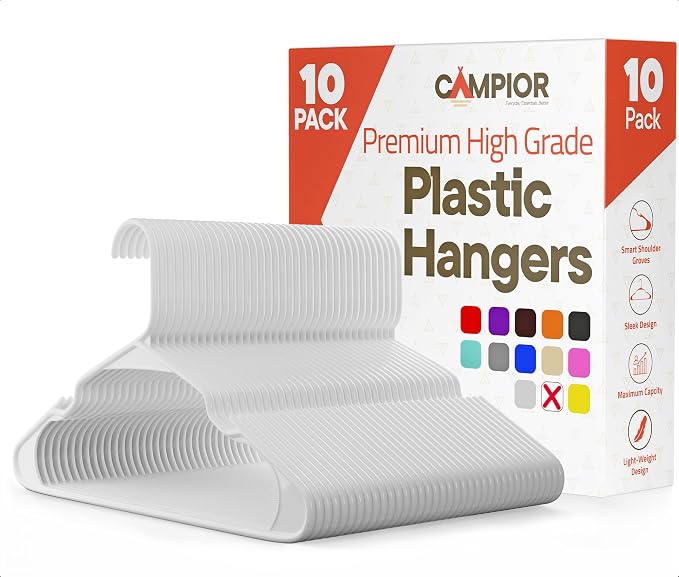 White Plastic Hangers 10 Pack– Heavy-Duty Plastic Hangers Slim and Space-Saving, Durable and Lightweight PP with Non-Slip Shoulder Notches for Slip Dresses, Suits, Jackets & Camisoles by Campior