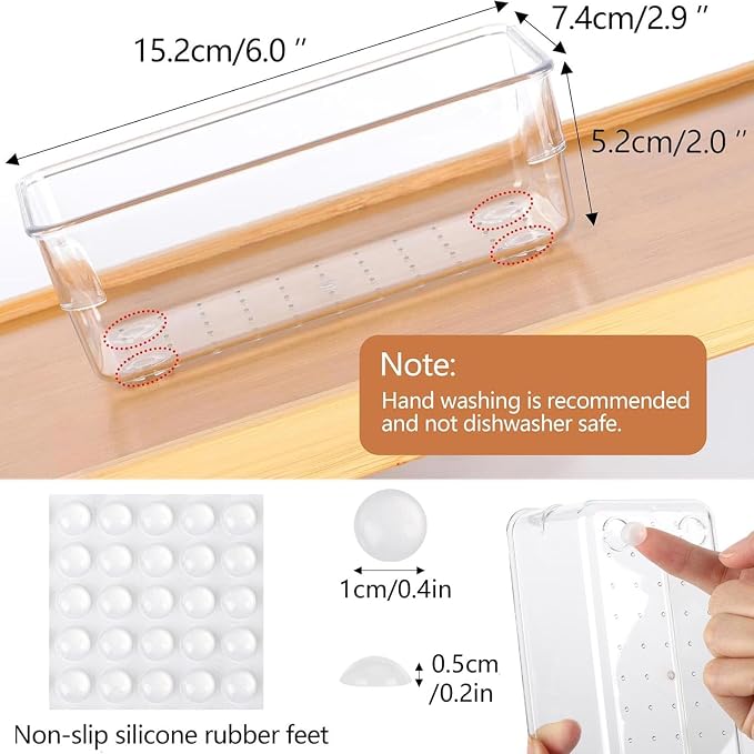 Ohlove 6Pcs Clear Plastic Drawer Organizers Tray 6" x 3" Storage Bins with 25Pcs Non-slip Pads for Makeup, Jewelries, Kitchen Utensils, Bathroom and Office - Image 2