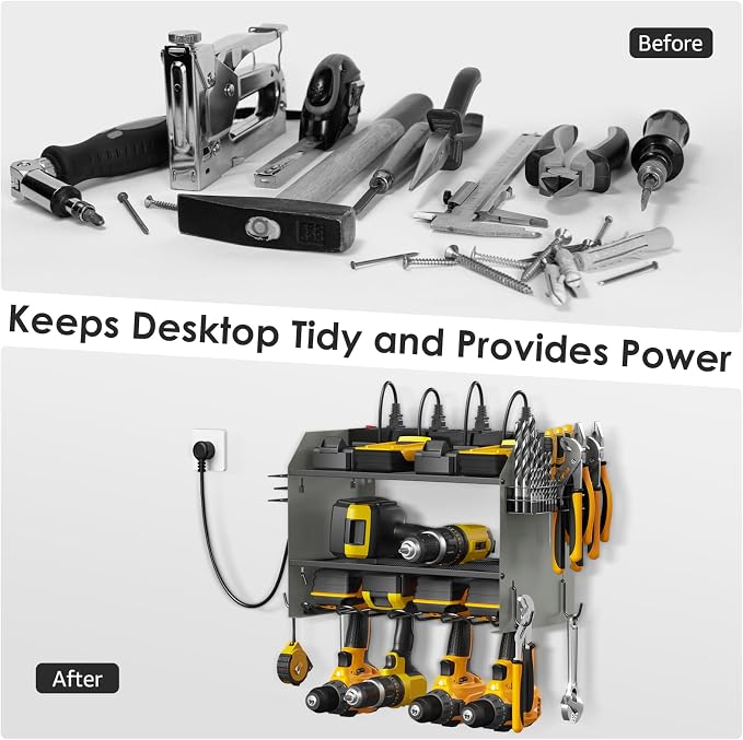 CCCEI Modular Power Tool Organizer Wall Mount with Charging Station. Garage Drill Storage Shelf with Hooks, Heavy Duty Rack, Tool Battery Holder Built in 8 Outlet. Gift for Men. Grey, 1 Pack. - Image 4