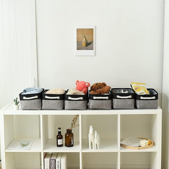 TheWarmHome Storage Basket for Organizing - 12x8x5.2 inch Small 6 Pack Collapsible Storage Bin for Shelves with Rope, Fabric Storage Cubes for Cloth Gift Toy Decorative Organizer (Black & Grey) - Image 4
