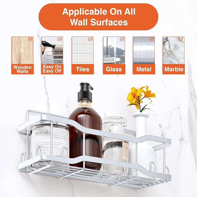 Shower Caddy Bathroom Shelves, The Athena Silken 4 Set, 40LB Capacity, Adhesive Tape -No Drill -Rustproof -Gorgeous Powder Coated 304 Stainless Steel Shower Organizer for kitchen & Home Decor - White - Image 2