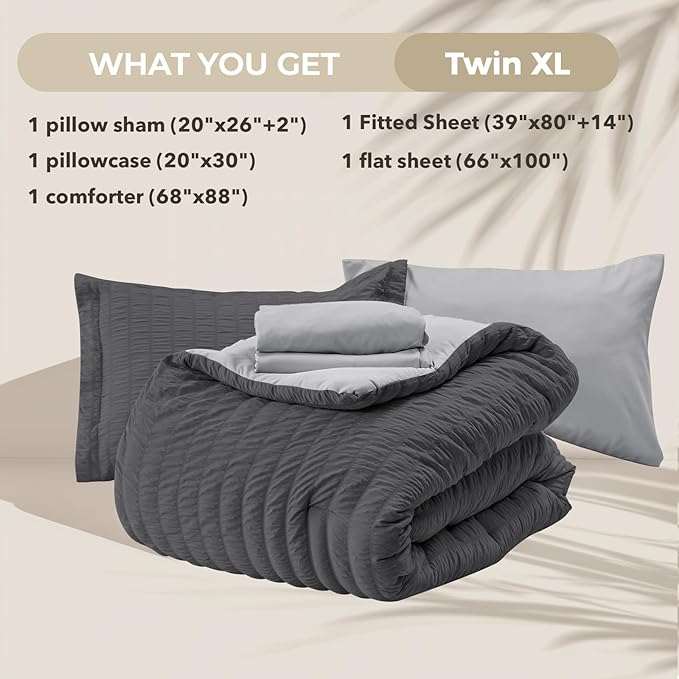 HYMOKEGE Dark Grey/Light Grey Twin XL Comforter Set Seersucker 5 Pieces, All Season Luxury Bed in a Bag for Bedroom, Bedding Set with Comforter, Sheets, Pillowcase & Sham