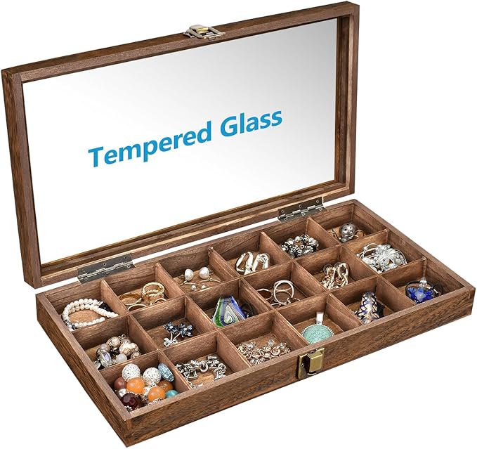 MOOCA Wooden Jewelry Display and Beads Display Storage Case with Tempered Glass Lid , 18 Compartments, 15" W x 8 3/8" L x 2 1/8" H, Brown Color - Image 4