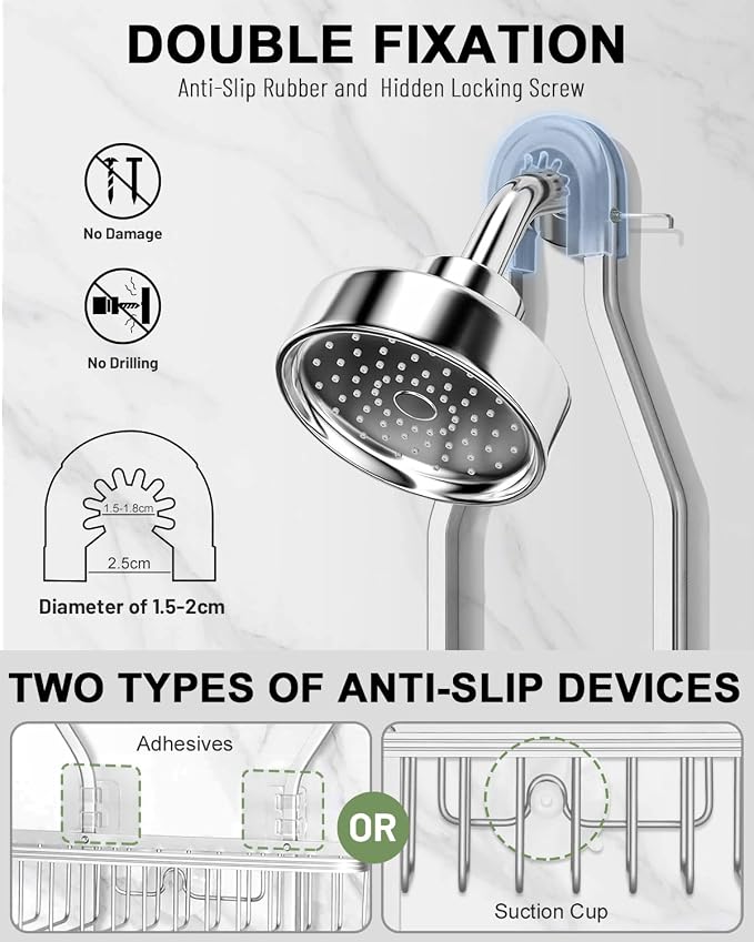 Shower Caddy Hanging - Never Rust Shower Hanging Organizer - Aluminum Over the ShowerHead Caddy with Soap Basket and 6 Hooks for Razor/Sponge (Frosted Silver) - Image 3