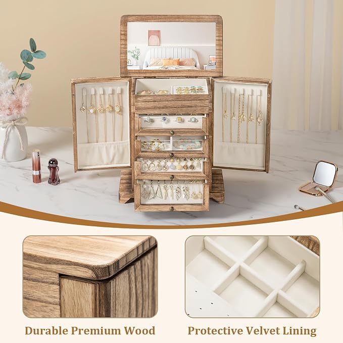 Large Jewelry Box & Organizer for Women, Wooden Jewelry Storage with 4 Transparent Drawers, Holds Necklaces, Rings, Bracelets, Earrings and Watches(Brown) - Image 6