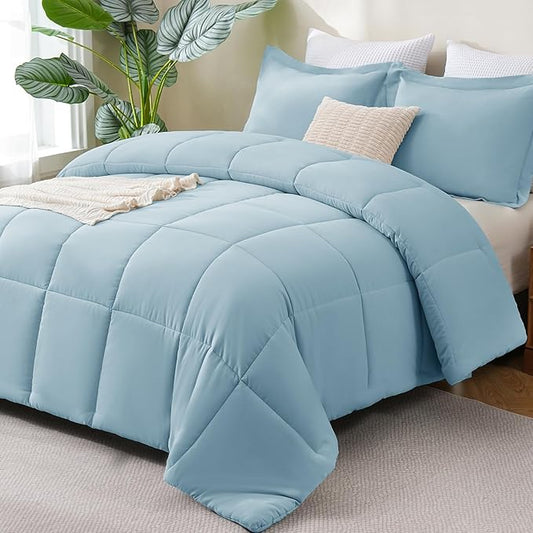 CozyLux King Size Comforter Set - Light Blue Comforter King Size, 3 Pieces Box Stitched Bed Set for All Seasons, Soft Lightweight Bedding Sets with 1 Down Alternative Comforter and 2 Pillow Shams