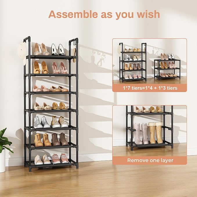 LANTEFUL 7 Tiers Shoe Rack 18-20 Pairs Boots Organizer Storage Sturdy Narrow Shoe Shelf for Entryway, Closets with Hooks, Black - Image 5