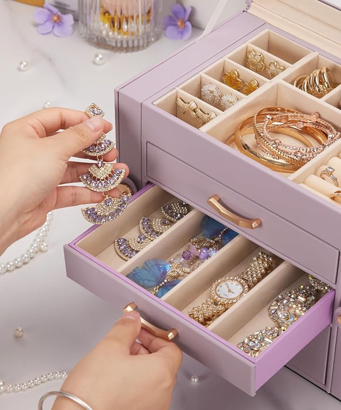 Enthralite Jewelry Box with 3 Drawers: Display Organizer for Earrings Necklaces - Gifts for Girls Women (Grey Purple) - Image 6
