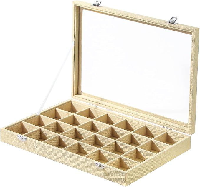 Coward Jewelry Organizer Box, Yellow Linen 24 Grids Ring Earring Jewelry Display Tray Case with Transparent Glass Lid for Home Drawer or Shop Selling by FocusOnJewelryDisplay15yrs