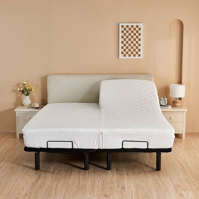 Kingnex Cotton Waterproof Split Top King Mattress Protector for Ajdustable Bed with Upper Flex 32-34 from Head Soft Micorfiber Padded Fitted Quilted Mattress Topper Pad