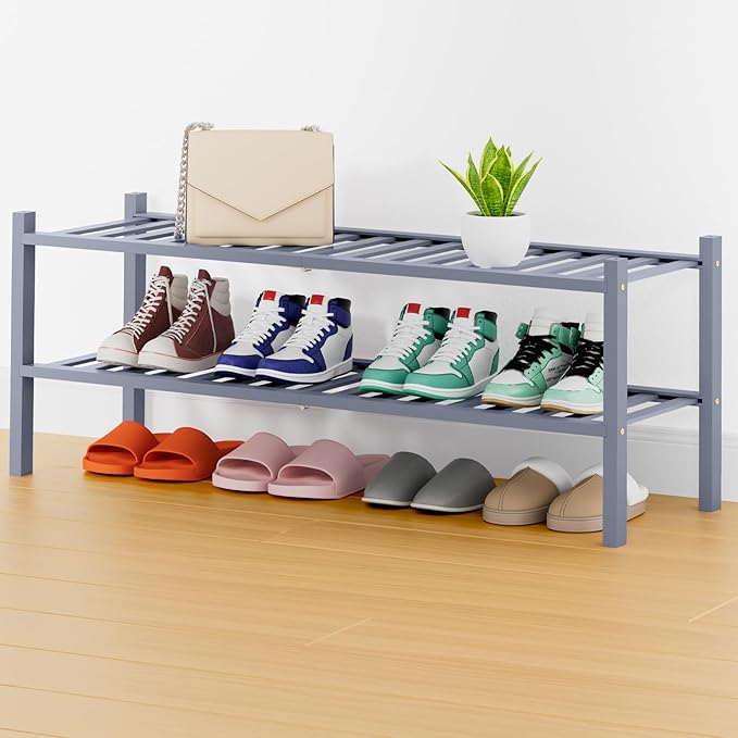 Smiry Shoe Rack, 2 Tier Thick Long Bamboo Shoe Organizer, Stackable Free Standing Wooden Shoe Storage Shelf for Closet, Entryway, Front Door Entrance, Grey by Smiry