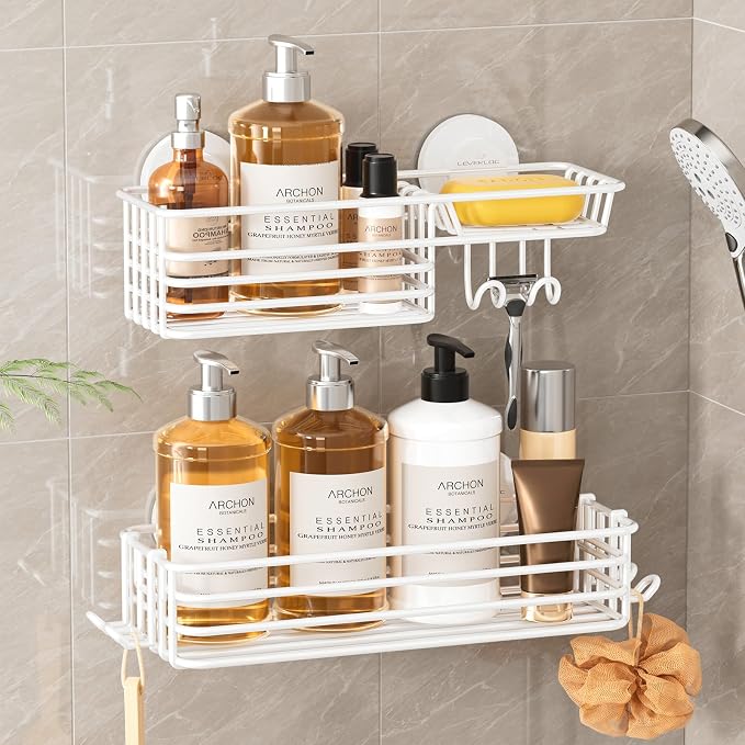 LEVERLOC Shower Caddy Suction Cup, 2 Pack Shelves for Inside with Hooks and Soap Holder, NO-Drilling Bathroom Organizer, Rustproof Meatl Bathroom Holder, White by LEVERLOC