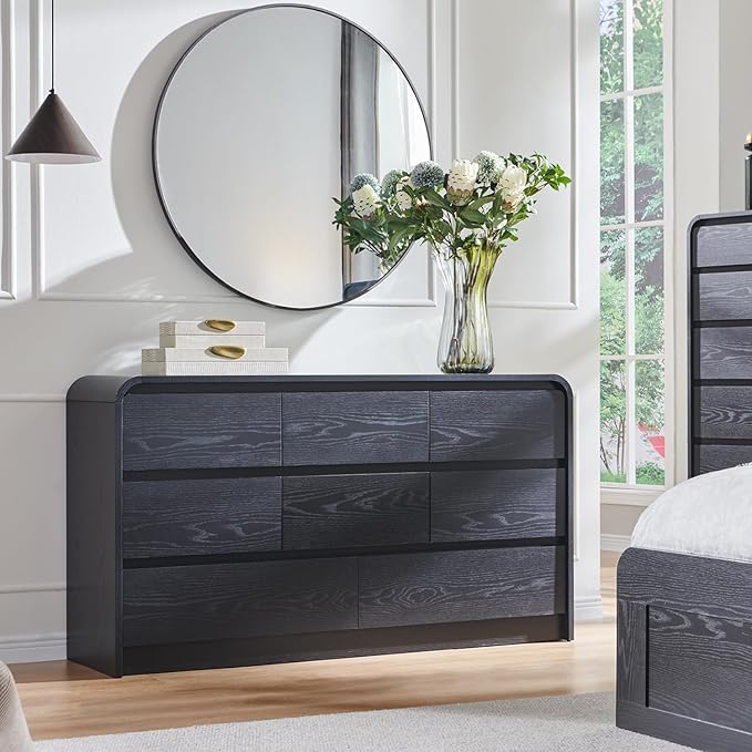 Aitjunz Modern 8 Drawers Dresser for Bedroom, 55" Wide Dressers & Chest of Drawers w/Curved Profile Design, Wood Mid Century Storage Dressers Organizer for Bedroom, Living Room, Black