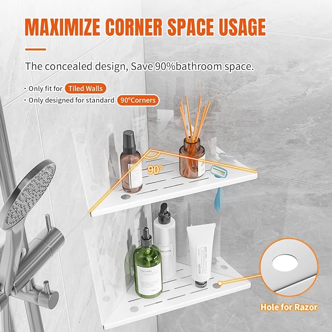 Corner Shower Shelf with Razor Hole, Rustproof Stainless Steel Shower Organizer, No Drilling Tile Shower Shelves, Modern Bathroom Shelf for Tile Wall, Grout in Shelf for Bathroom 2-Pack, 10" - Image 6