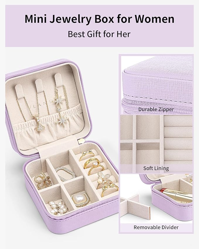 VLANDO Small Travel Jewelry Box Organizer - Girls Women Gift Rings Earrings Necklaces Jewelry Storage Display Case Purple - Image 3