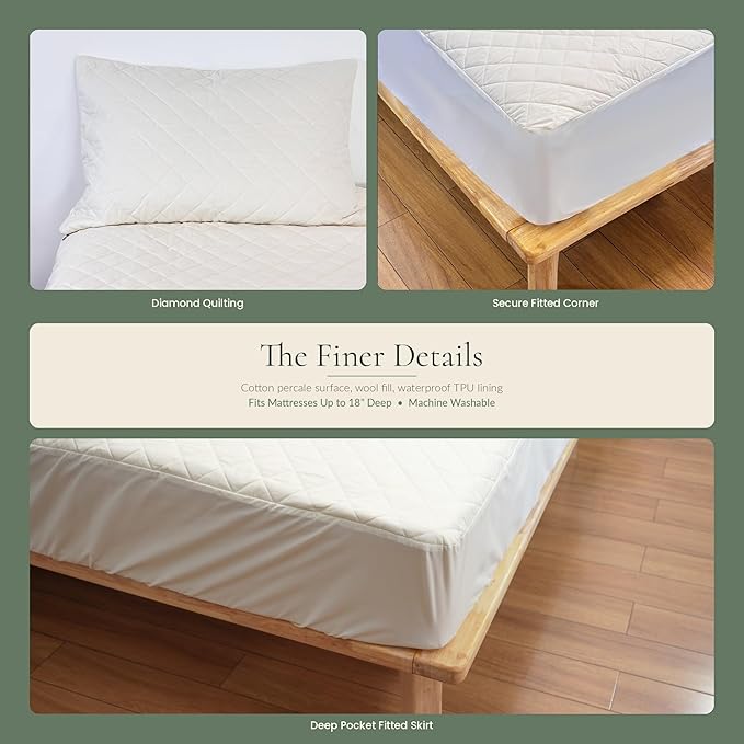 Waterproof Mattress Protector with Washable Wool Filling, Natural Cotton Top, Breathable, Temperature Regulating, Moisture-Wicking, Washable Cover, Full