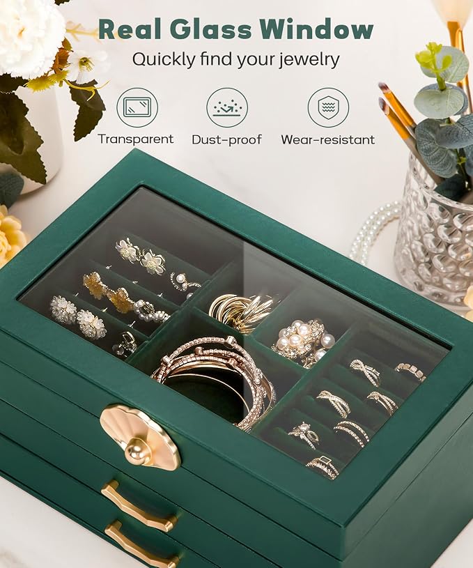 Enthralite Jewelry Box with 2 Drawers: Display Organizer for Earrings Necklaces - Christmas Gifts for Girls Women (Forest Green) - Image 4