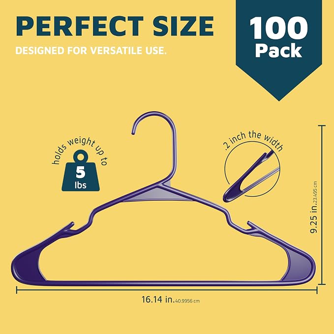 Lifemaster Plastic Clothes Hangers – Heavy Duty Hanger Set, for Organizing Clothes, Dresses, and Coat, Holds Up to 5 lbs, Space-Saving Hangers with Non-Slip Shoulder Grooves, Pack of 100, Purple - Image 2