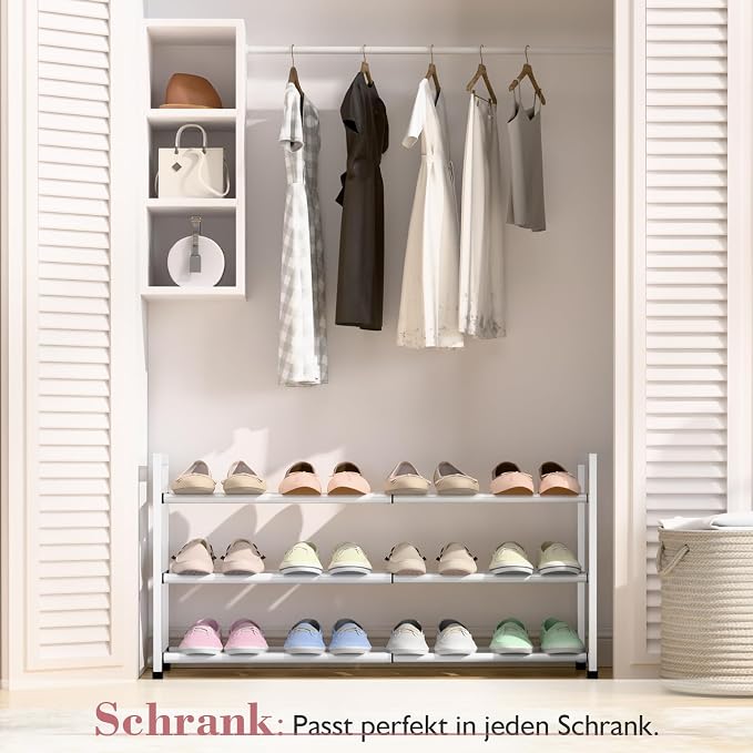 Bumusty 3-Tier Expandable Shoe Rack for Closet, 18“-33” Adjustable Shoe Rack for Small Space, Small Shoe Organizer for Front Door, Sturdy Metal, White - Image 2