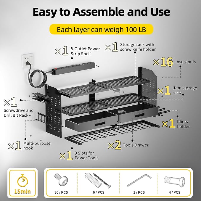 Power Tool Organizer Wall Mount Heavy Duty 400 lbs, 4 Layers Storage Rack with 9 Drill Holders & Battery Storage, Cordless Tool Organizer for Garage, Workshop & Tool Room - Image 6