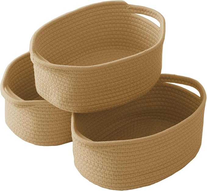 JMvicyroam Woven Basket,Small Rope Storage Bin with Handles & Ribbon Bag, Organizer for Shelves Closets,Gift Basket Empty for Birthday,Books,Dog Toys, Jute/3 Pack by JMvicyroam