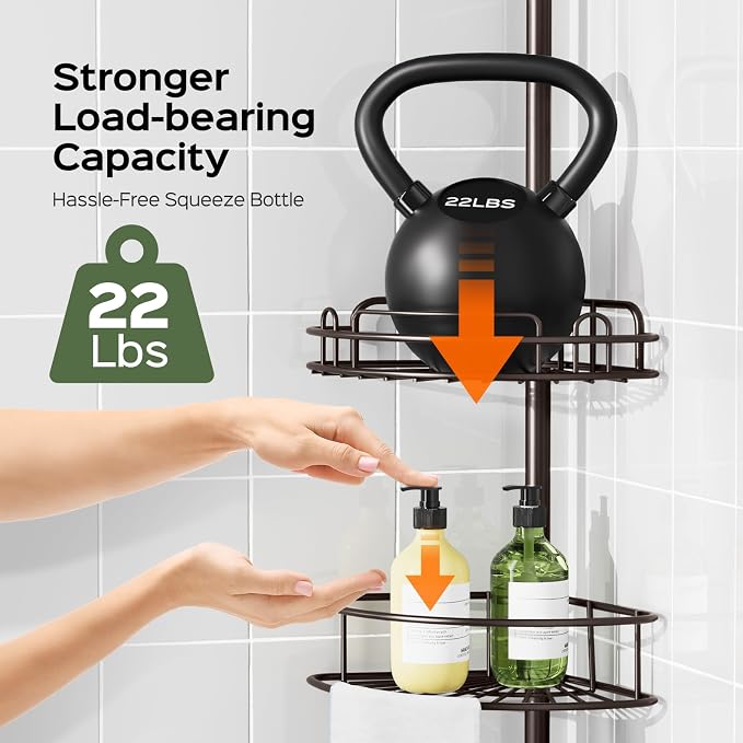 HAMITOR Shower Caddy Tension Pole: 4-Tier Rustproof Bathroom Corner Shelf Organizer for Renters - No Drill Large Shampoo Storage Rack Adjustable 47-121 Inch - Space Saving Bathtub Accessory - Bronze - Image 2