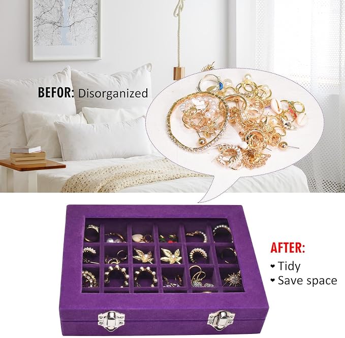 Vicoter Velvet Jewelry Box 24 Grid Jewelry Ring Display Organiser Box Tray Holder Earrings Storage Case for Girls Wife Mom Women (Purple) - Image 5