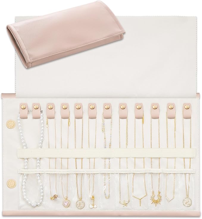 Lolalet Travel Necklace Organizer, Tangle-Free Necklace Case for Travel, Leather Foldable Roll Up Jewelry Storage Bag for Necklaces Chains Bracelets, Mothers Day Gift by Lolalet
