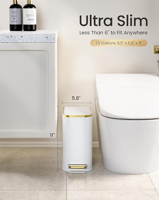 Cesun Small Bathroom Trash Can with Lid Soft Close, 5 Liter/1.3 Gallon Stainless Steel Garbage Can with Removable Inner Bucket, Step Pedal, Slim Waste Basket for Toilet, Office, Bedroom (White&Gold) - Image 2