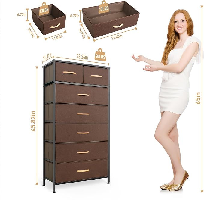 Mifuro Tall Dresser for Bedroom, Vertical Storage Organizer Tower with 7 Drawers, Chest of Drawers with Fabric Bins, Steel Frame, Wood Top for Bedroom, Closet, Entryway- Brown - Image 3