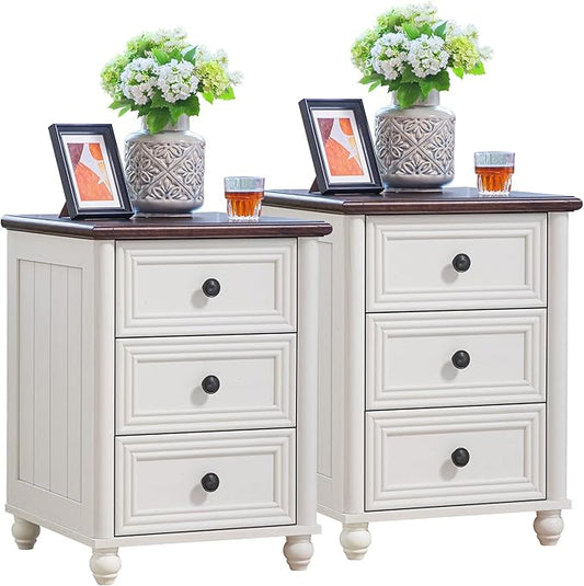 RWYHG 18" Farmhouse Night Stand Set of 2, White Wood Nightstand with 3 Drawers, Bedside End Table with Storage and Roman Column, Bed Side Tables Cabinet for Bedroom, Living Room, and Closet