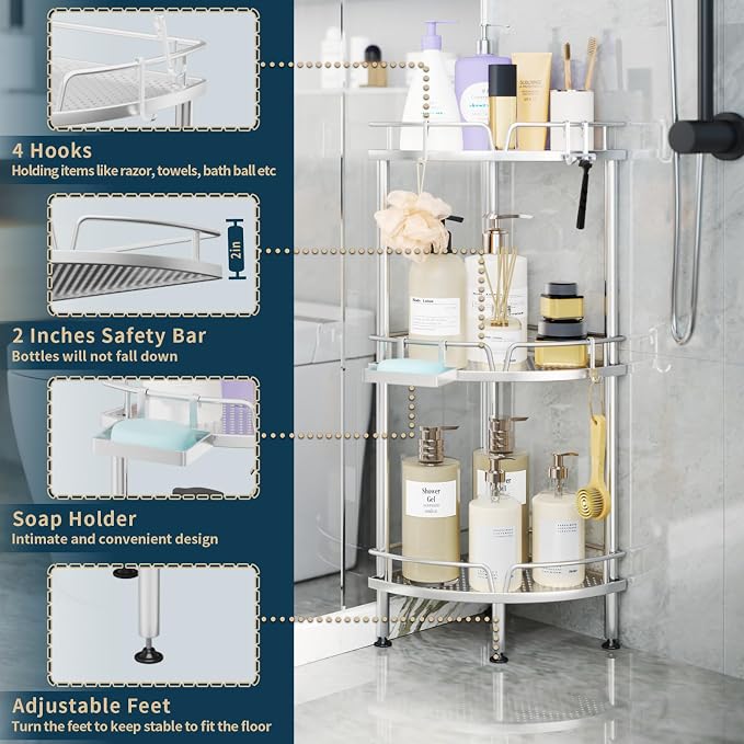 Consumest Corner Shower Caddy Stand - 3 Tier Shower Organizer with Soap Holder, Tall Floor Corner Shelf Standing with Adjustable Feet & 4 Hooks, Storage Rack for Bathroom, Silver - Image 3