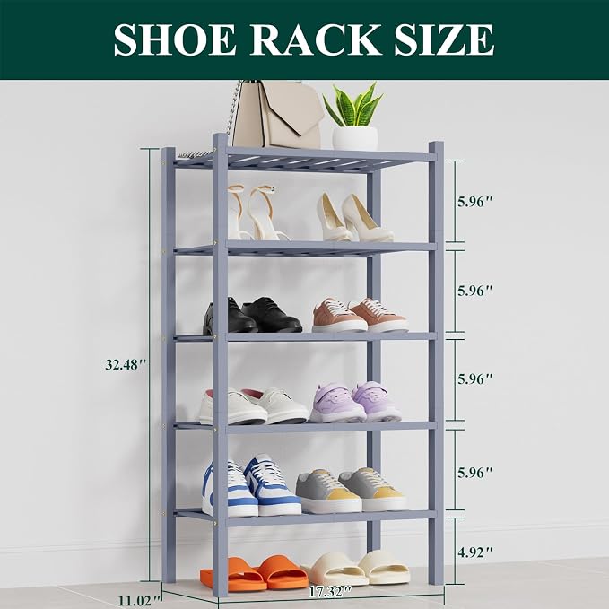 Smiry Shoe Rack, 5 Tier Thick Small Bamboo Shoe Organizer, Stackable Free Standing Wooden Shoe Storage Shelf for Closet, Entryway, Front Door Entrance, Grey - Image 2