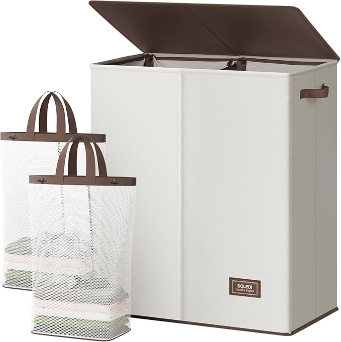 SOLEDI Luxury Double Laundry Hamper with Lid and Removable Bags, Large Hamper for Laundry, Laundry Basket 2 Sections, Collapsible Ditry Clothes Hamper for Bedroom, Laundry Room, Bathroom, Off-white by SOLEDI