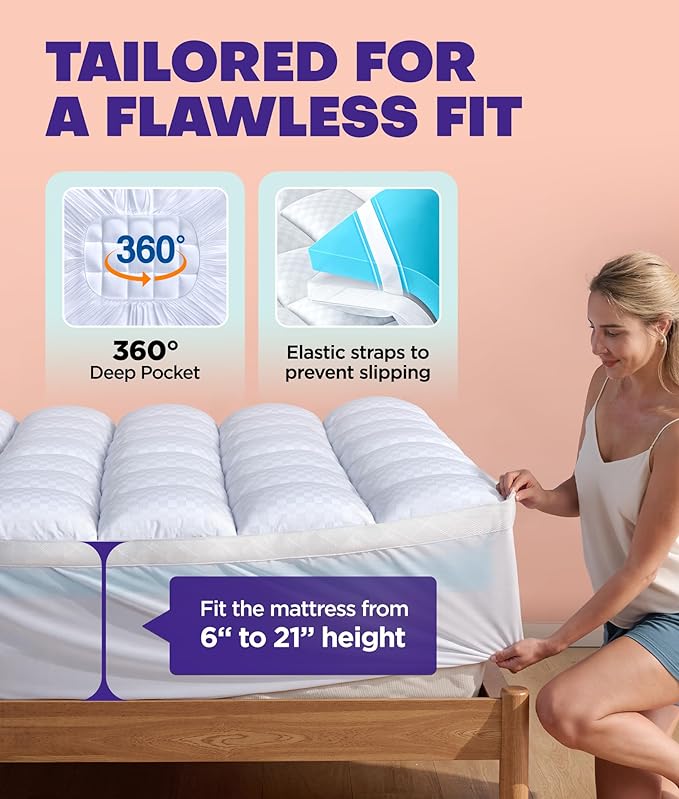 Dual Layer 4 Inch Memory Foam Mattress Topper for Pressure Relief with 4X Support, 2" Fluffy Pillow Top Queen Mattress Topper 50% Viscose Made from Bamboo Plus 2" Cooling Gel Memory Foam Mattress Pad