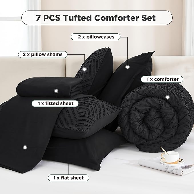 Andency Queen Comforter Set 7 Piece Black - Bed in a Bag Queen Boho Lightweight Fluffy Tufted Bedding Sets with Comforter, Sheets, Pillowcases & Shams