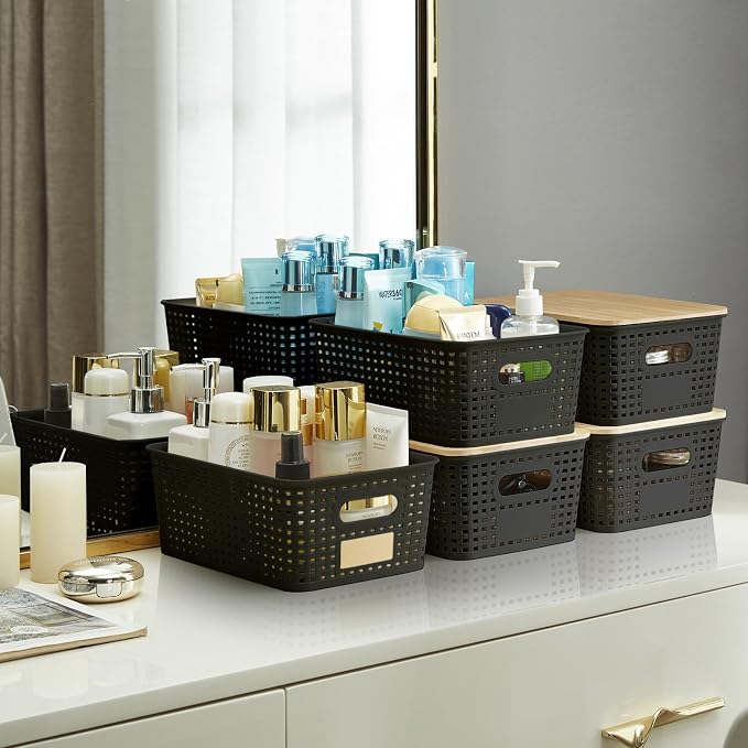 Bagnizer Small Plastic Storage Bins with Bamboo Lids 5.2qt Stackable Box Basket Pantry Decorative Containers Cute with Labels for Organizing Desktop Closet Office Black of 6 packs 10 * 7.2 * 4.1" - Image 6