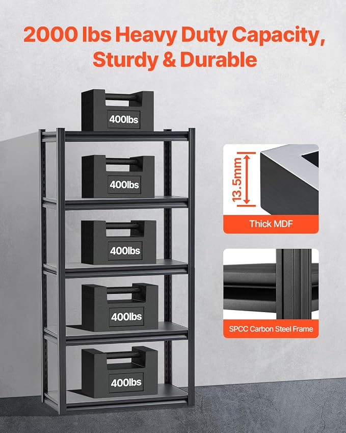 VEVOR Storage Shelves, 2000 lbs, 5 Tier Garage Storage Shelving, 16" D x 32" W x 63" H Adjustable Metal Shelves for Garage Shelves Utility Rack Shelf, Ideal for Kitchen, Warehouse, Basement, Black - Image 4
