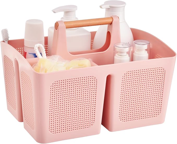 ALINK Portable Shower Caddy Basket with Compartments, Plastic Divided Cleaning Caddy Organizer Storage Tote with Handle for Bathroom, College, Dorm Room Essentials, Pink by ALINK