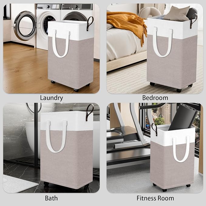 HomeHacks 75L Rolling Laundry Basket with Wheels, Collapsible & Waterproof Laundry Hamper, Mobile Clothes Hamper, Storage Laundry Bins with Handles for Laundry Room, Bedroom, Bathroom & Dor, Khaki - Image 7