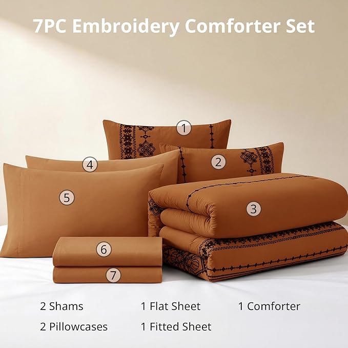 MaiRêve Queen Size Comforter Set Burnt Orange, Embroidery Floral Western Boho Bedding Set, All Season 7 Pieces Bed in a Bag with Sheets, Pillowcases & Shams