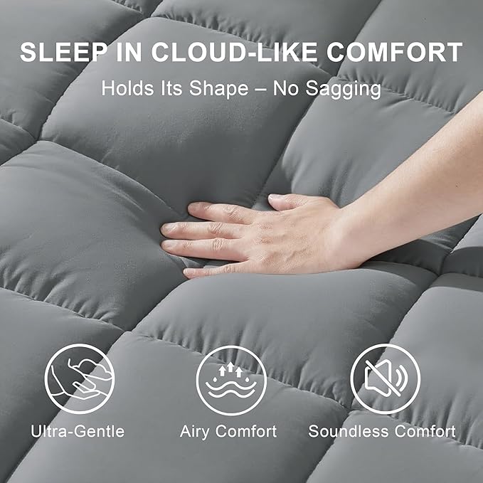 Quilted Mattress Pad Pillow Top Mattress Cover Protector Cooling Soft for Breathable Padded Deep Pocket 8-21 Fitted Supportive(Gray,Full Size)