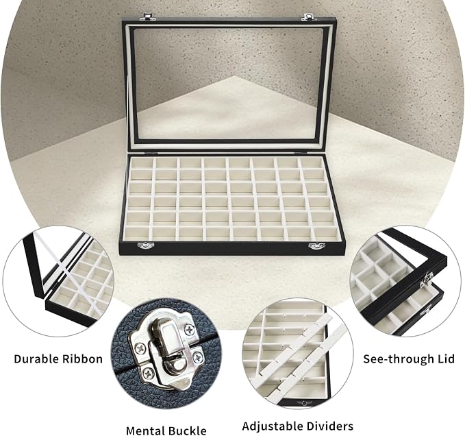 Stratalife Jewelry Organizer 48 Grid Jewelry Tray with Clear Lid Dust-proof Velvet Earring Organizer Necklace Rings Holder Display Drawer Storage Case for Women Beige Black - Image 2